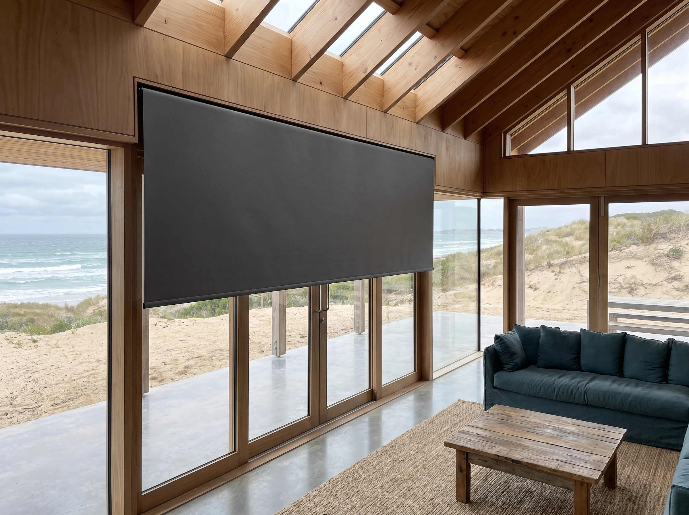 Roller blind dropping from a slim concealed ceiling recess in a double-volume Kommetjie beach house living room