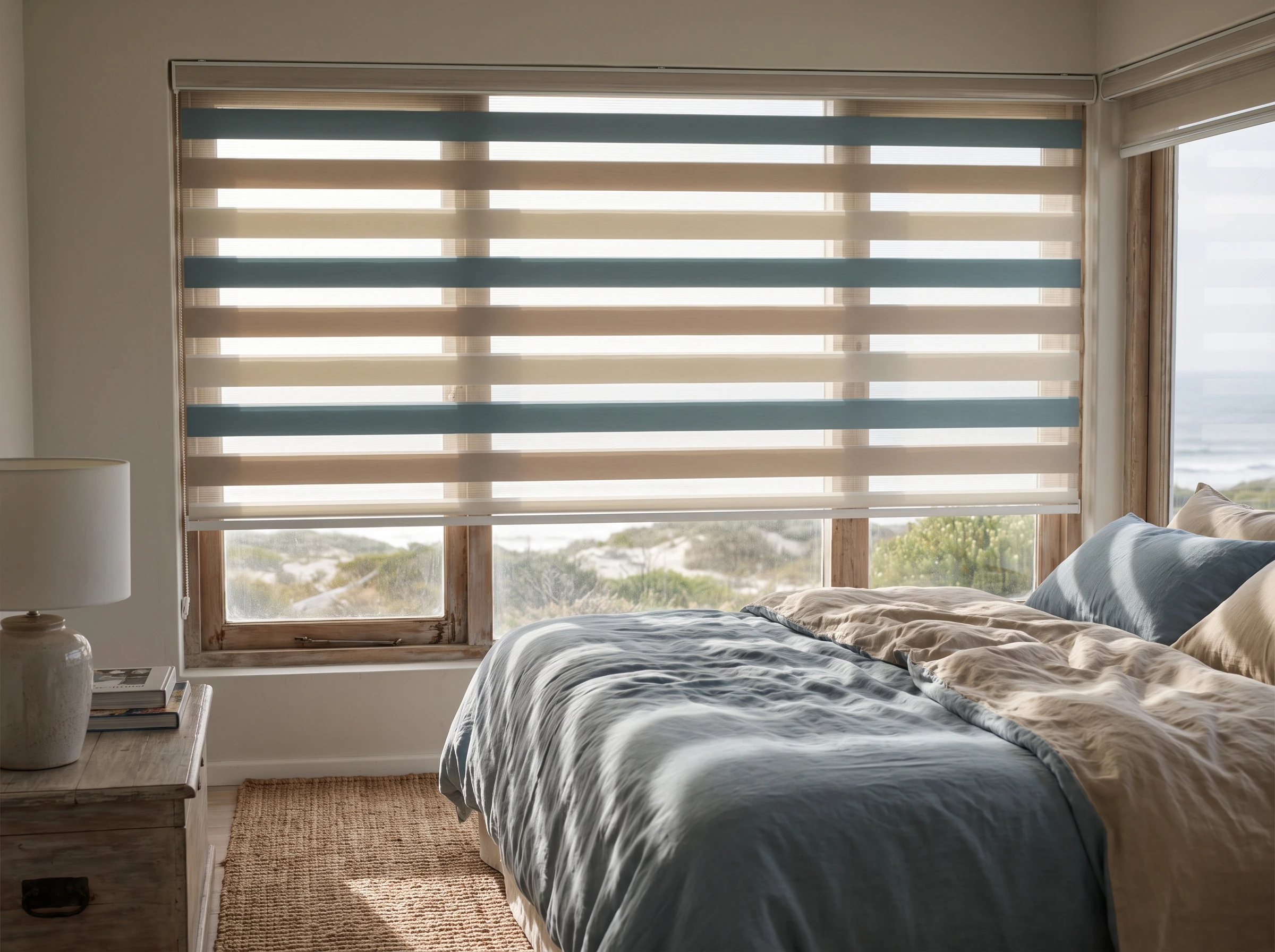 Day and night double roller blind with alternating storm-teal sheer and solid bands in a Kommetjie bedroom