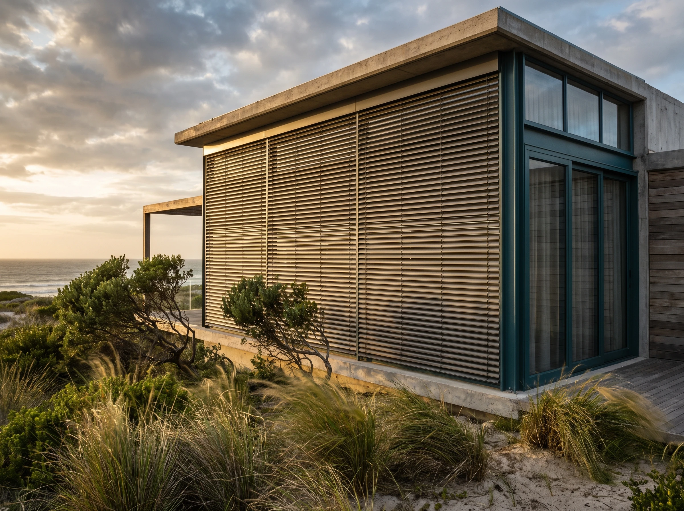 Wide aluminium external venetian blinds closed against afternoon glare on a west-facing glazed wall of a Kommetjie beach house, dune grass in front