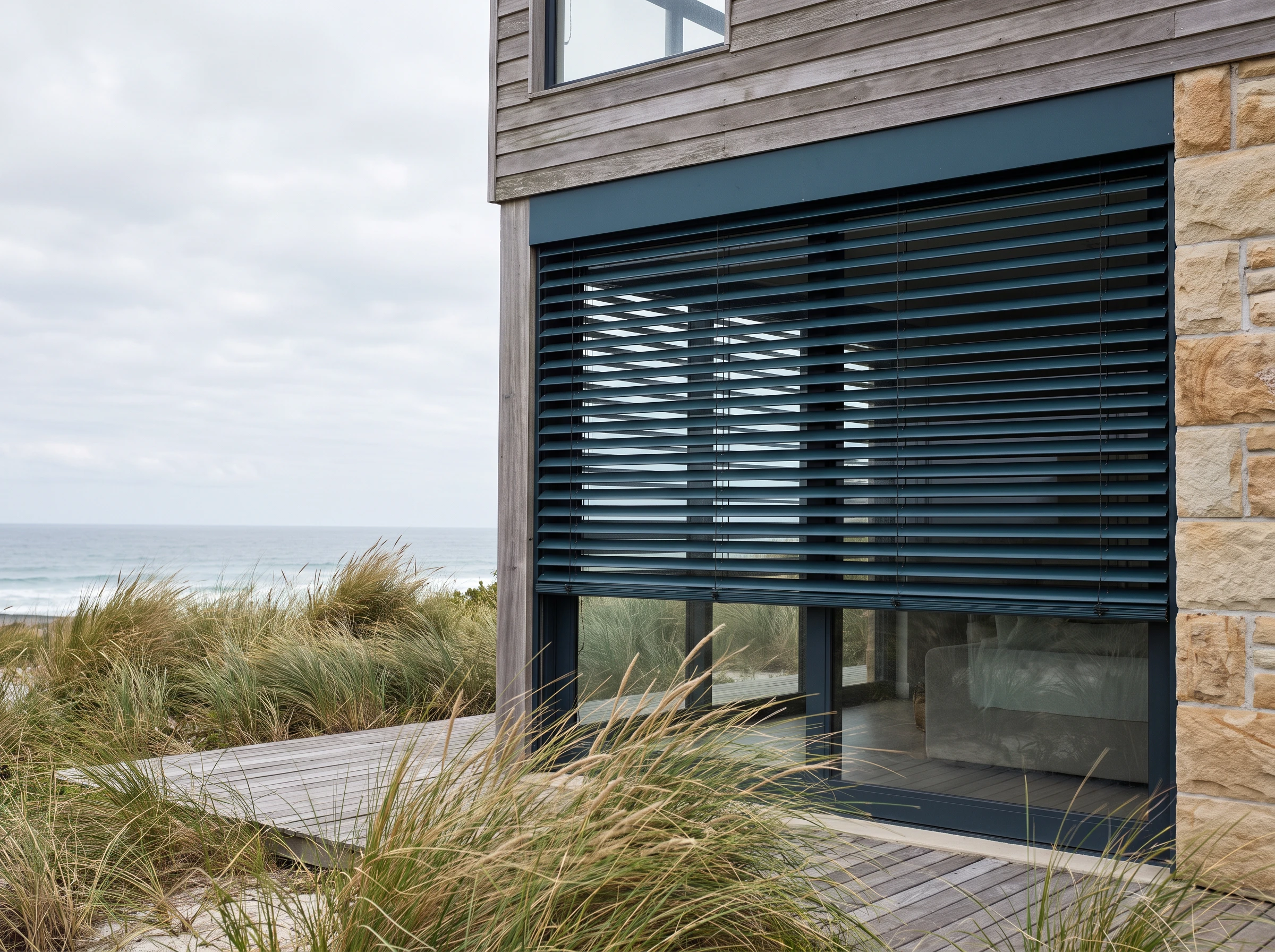 External storm-teal aluminium venetian blinds mounted outside a Kommetjie beach house facade with dune grass and a lighthouse silhouette beyond