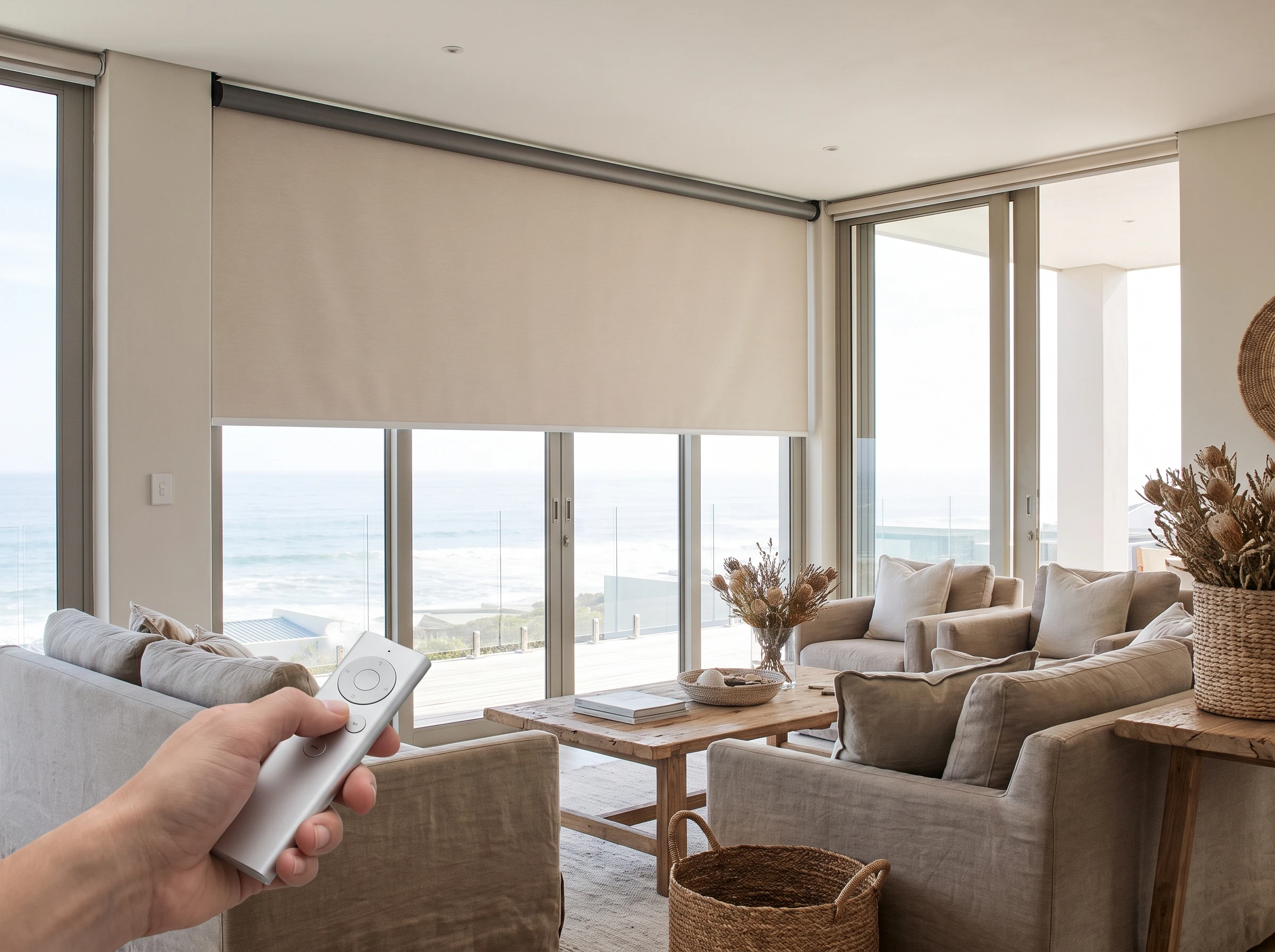 Motorised storm-teal roller blind mid-operation across a wide glass wall in a Kommetjie beach house
