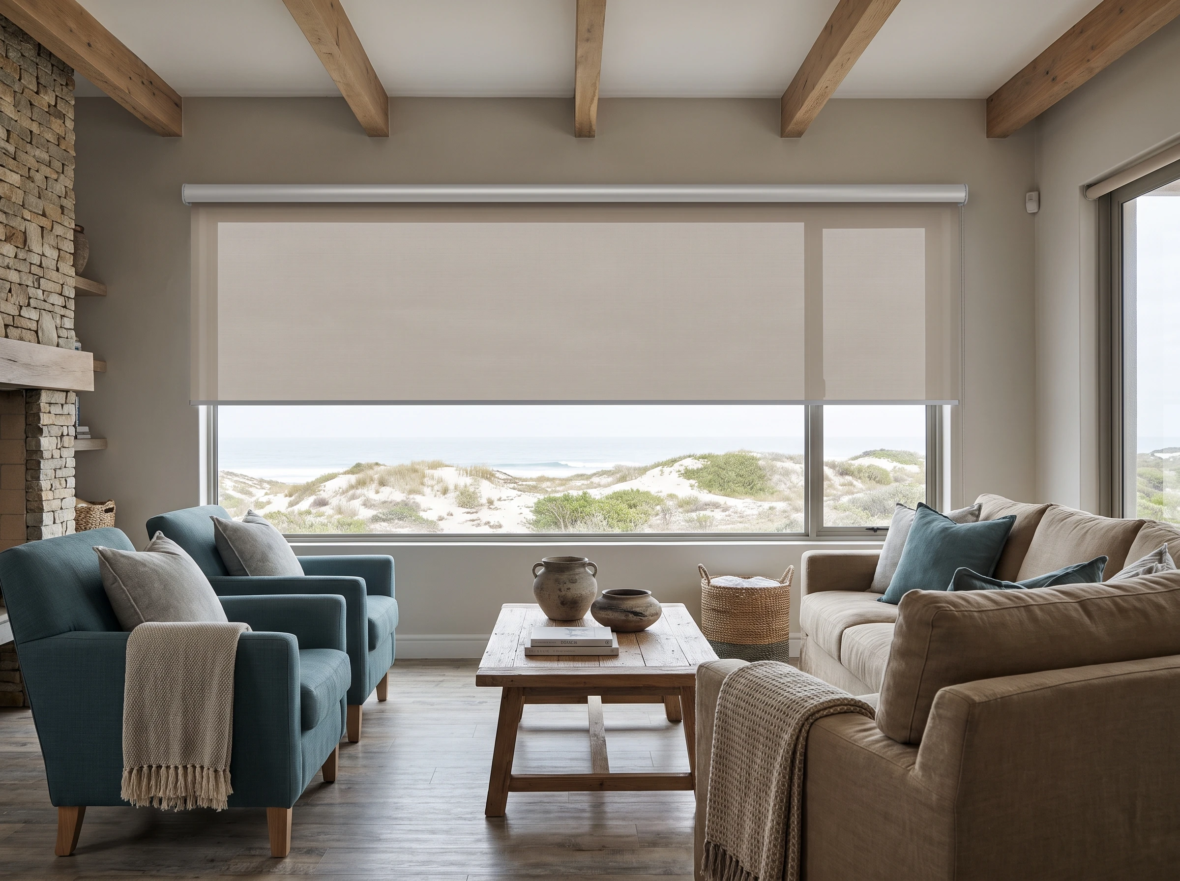Storm-teal blockout roller blind lowered halfway across a window in a Kommetjie beach house living room