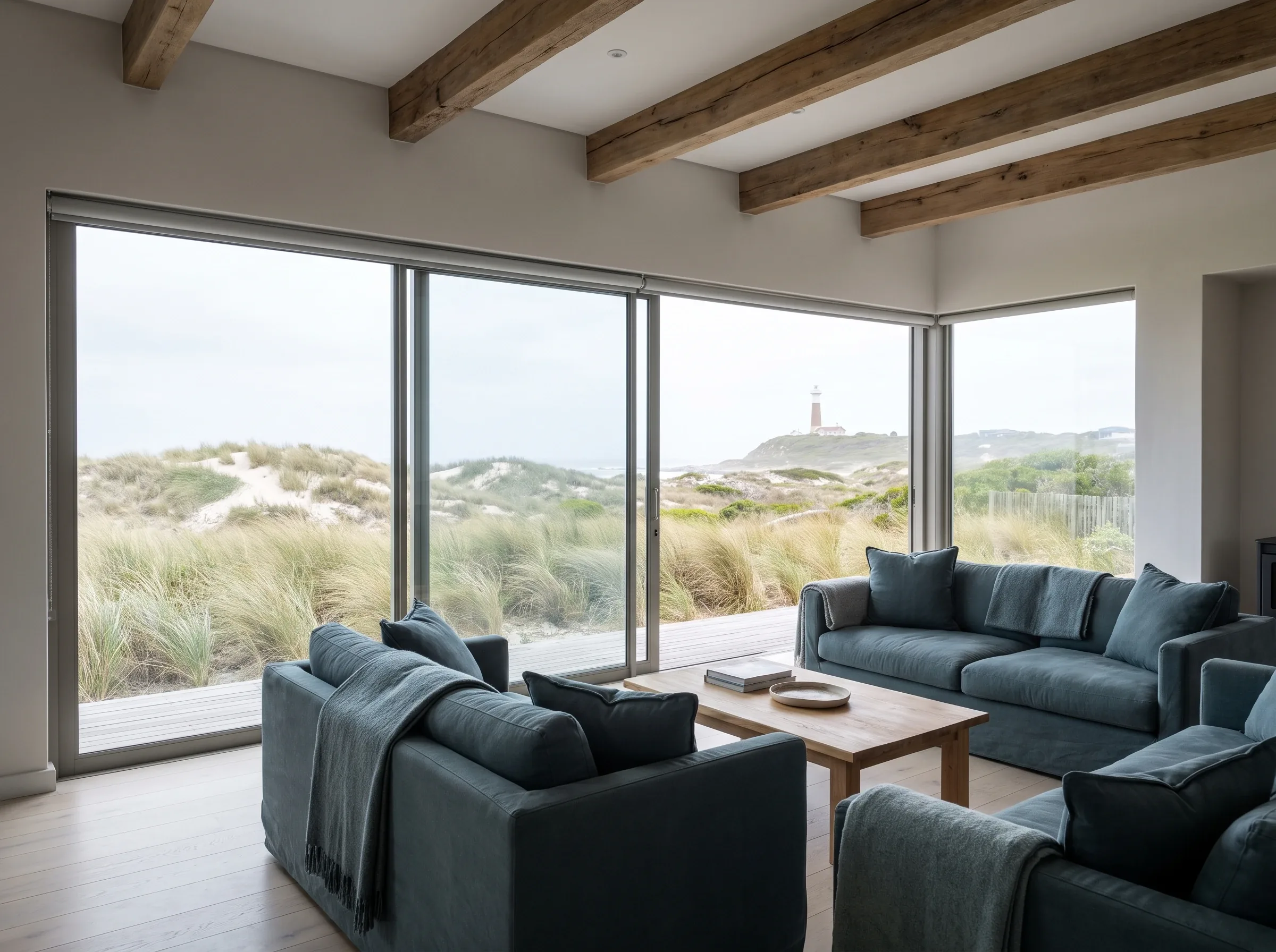 Pale grey roller blinds at three different heights across the sliding-glass wall of a Kommetjie lounge, the Slangkop lighthouse out on the point