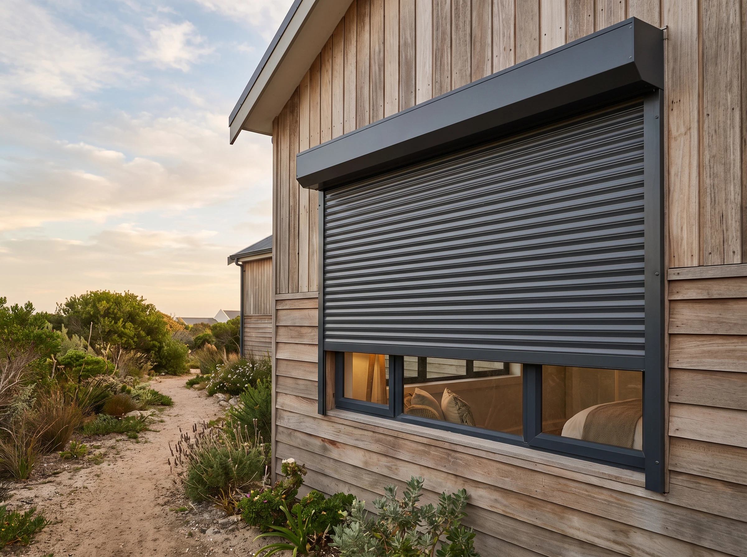 Rigid storm-teal aluminium roller shutter partially lowered outside a window on a Kommetjie beach house, dune fynbos beside the wall