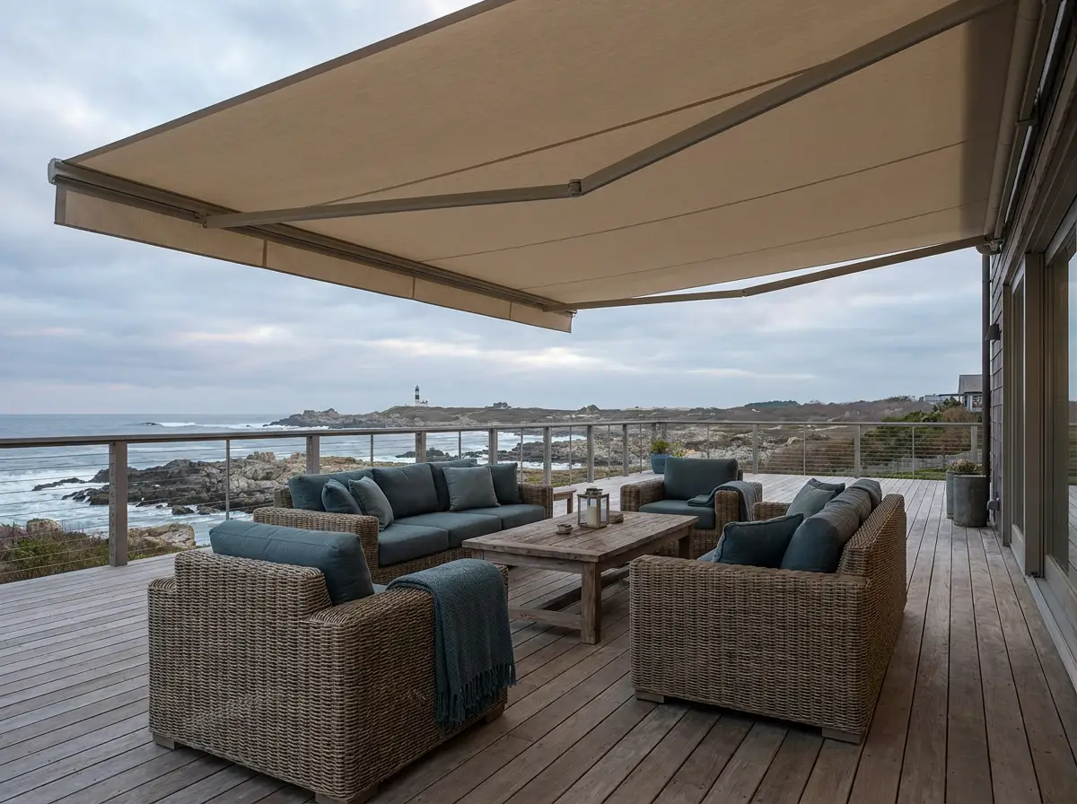 Retractable folding-arm awning extended over an ocean-view deck at a Kommetjie beach house with wicker outdoor seating