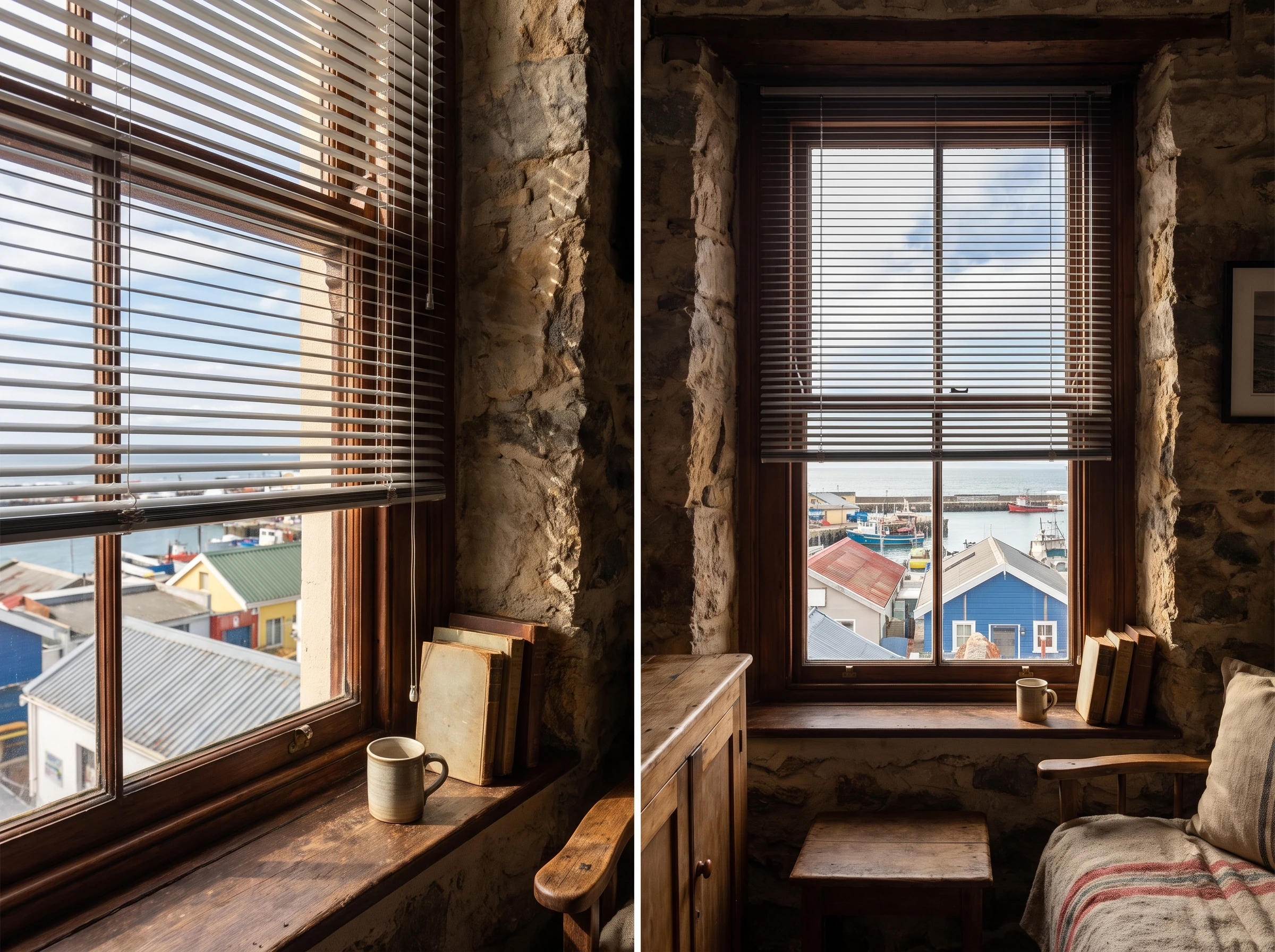 Aluminium venetian blinds in a narrow historic window of a Kalk Bay fisherman's cottage, colourful harbour rooftops and fishing boats visible outside