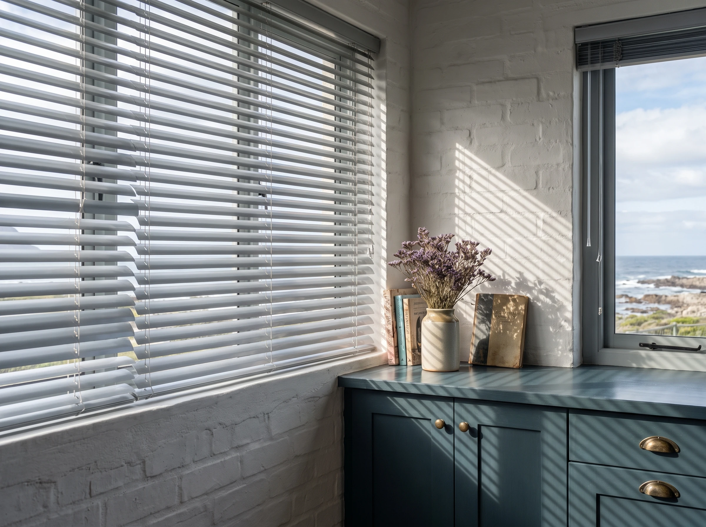 Powder-coated aluminium venetian blind slats tilted open above a kitchen counter in a Kommetjie beach house