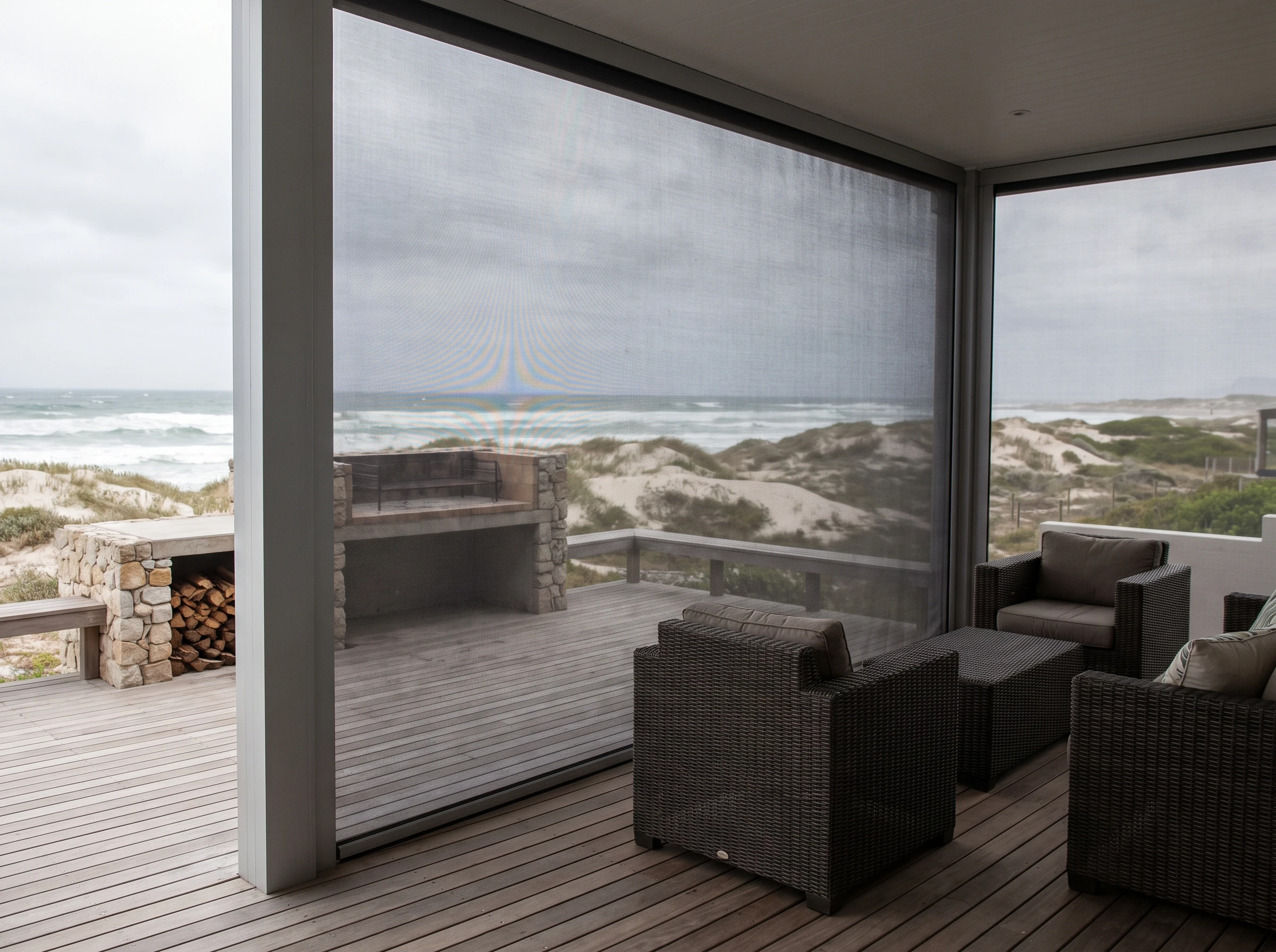 Storm-teal zip-track screen lowered in aluminium side channels enclosing a patio on a Kommetjie beach house